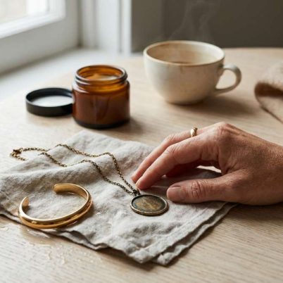 Editorial lifestyle conceitual, fotografia sofisticada e realista. Cena próxima a uma janela com luz natural lateral. Em uma mesa clara, uma composição visual de contraste: uma semijoia dourada parcialmente escurecida repousa sobre um pano claro levemente úmido, enquanto ao lado há uma semijoia dourada ainda brilhante. As duas peças estão próximas, criando um contraste visível entre brilho e oxidação. Uma mulher adulta aparece apenas parcialmente na cena (mãos e parte do tronco), sem protagonismo no rosto. Uma de suas mãos toca levemente a semijoia escurecida, como quem acabou de usar ou acabou de retirá-la. Na mesa também há sinais sutis de vida real: um frasco de cosmético aberto, uma xícara, vapor suave, um anel deixado de lado, um tecido usado. A atmosfera deve sugerir passagem de tempo, rotina, uso, transformação e interação com o ambiente. Nada deve parecer novo demais. Tudo deve parecer vivido, real, elegante. Paleta neutra quente, luz suave, sombras orgânicas, textura de pele, metal e tecido visíveis. Fundo clean, desfocado. Estilo fotografia editorial de revista de luxo contemporânea, storytelling visual, alta resolução. A imagem deve comunicar sem palavras: ‘matéria viva, tempo, uso, transformação, cuidado’. Sem textos, sem marcas, sem logos.