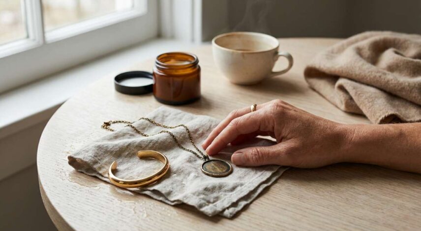 Editorial lifestyle conceitual, fotografia sofisticada e realista. Cena próxima a uma janela com luz natural lateral. Em uma mesa clara, uma composição visual de contraste: uma semijoia dourada parcialmente escurecida repousa sobre um pano claro levemente úmido, enquanto ao lado há uma semijoia dourada ainda brilhante. As duas peças estão próximas, criando um contraste visível entre brilho e oxidação. Uma mulher adulta aparece apenas parcialmente na cena (mãos e parte do tronco), sem protagonismo no rosto. Uma de suas mãos toca levemente a semijoia escurecida, como quem acabou de usar ou acabou de retirá-la. Na mesa também há sinais sutis de vida real: um frasco de cosmético aberto, uma xícara, vapor suave, um anel deixado de lado, um tecido usado. A atmosfera deve sugerir passagem de tempo, rotina, uso, transformação e interação com o ambiente. Nada deve parecer novo demais. Tudo deve parecer vivido, real, elegante. Paleta neutra quente, luz suave, sombras orgânicas, textura de pele, metal e tecido visíveis. Fundo clean, desfocado. Estilo fotografia editorial de revista de luxo contemporânea, storytelling visual, alta resolução. A imagem deve comunicar sem palavras: ‘matéria viva, tempo, uso, transformação, cuidado’. Sem textos, sem marcas, sem logos.